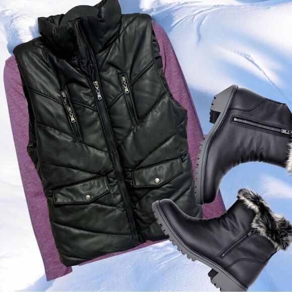 Yaso Black Faux Leather Puffer Vest Size Large - Picture 2 of 15